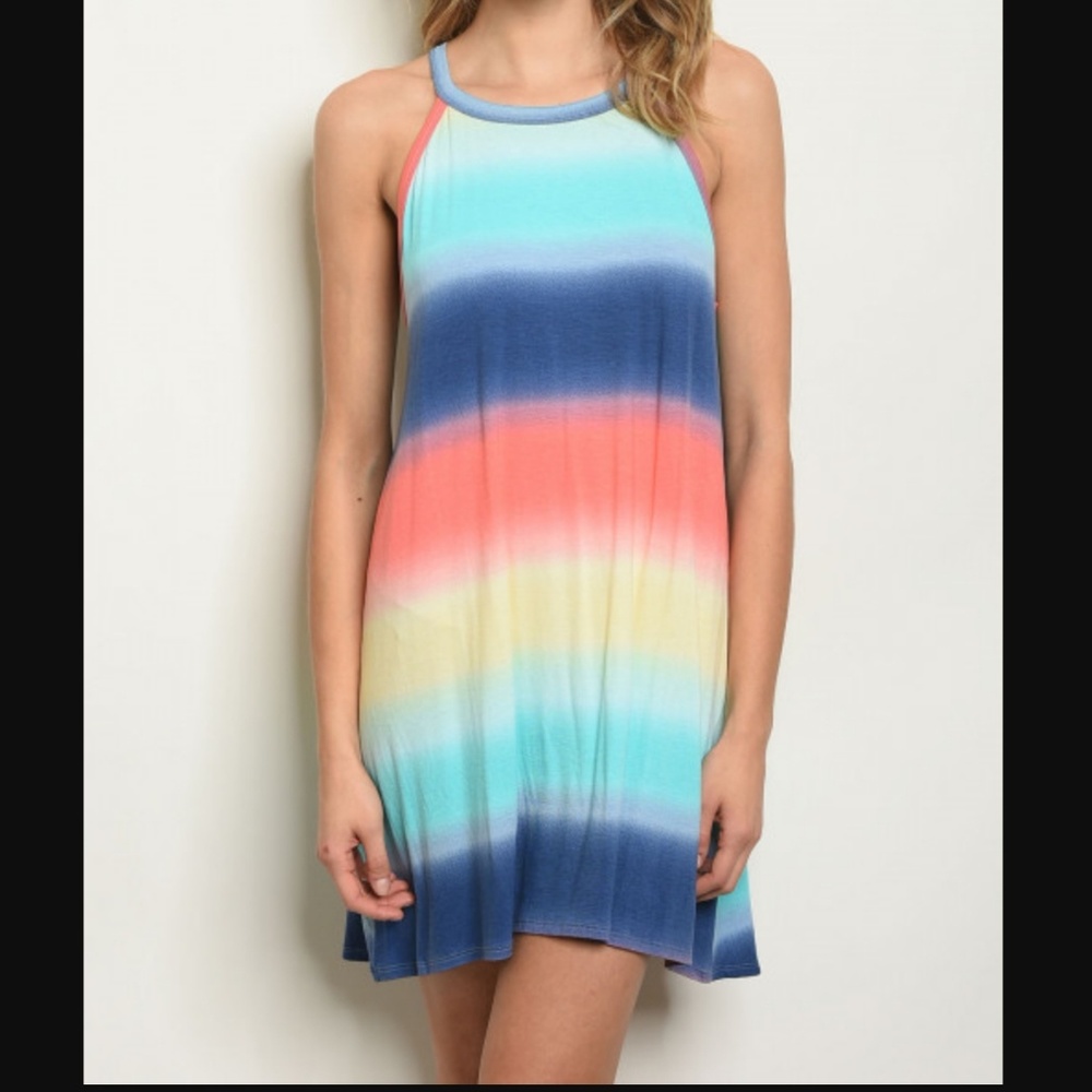 JESH Mini Dress Bright Multi Color Stripes Cutout Back Sleeveless Md And Lg NWT